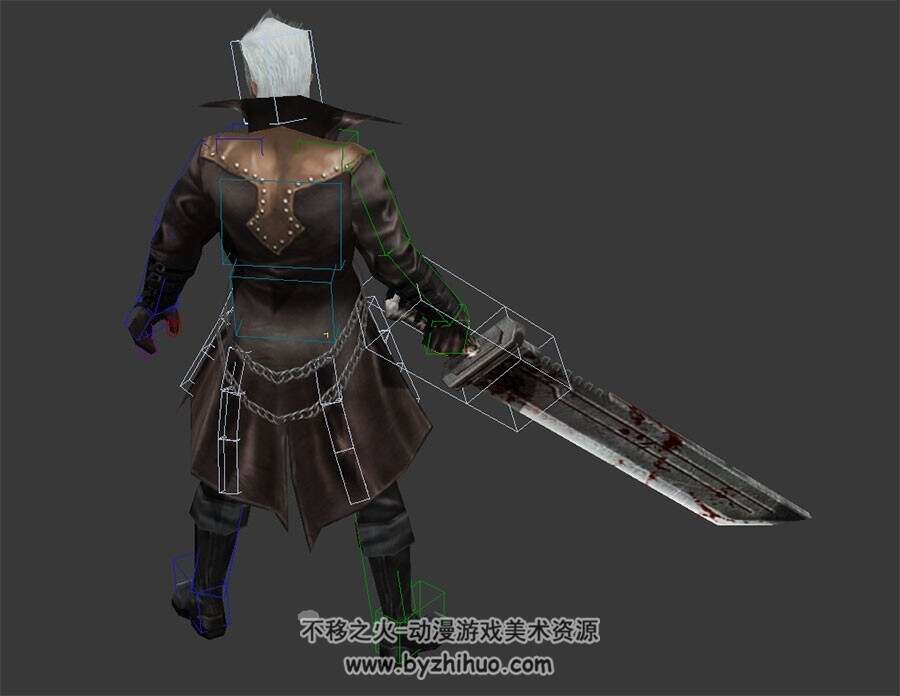 欧美白发武士大叔3DMax模型大刀攻击动作带绑定下载