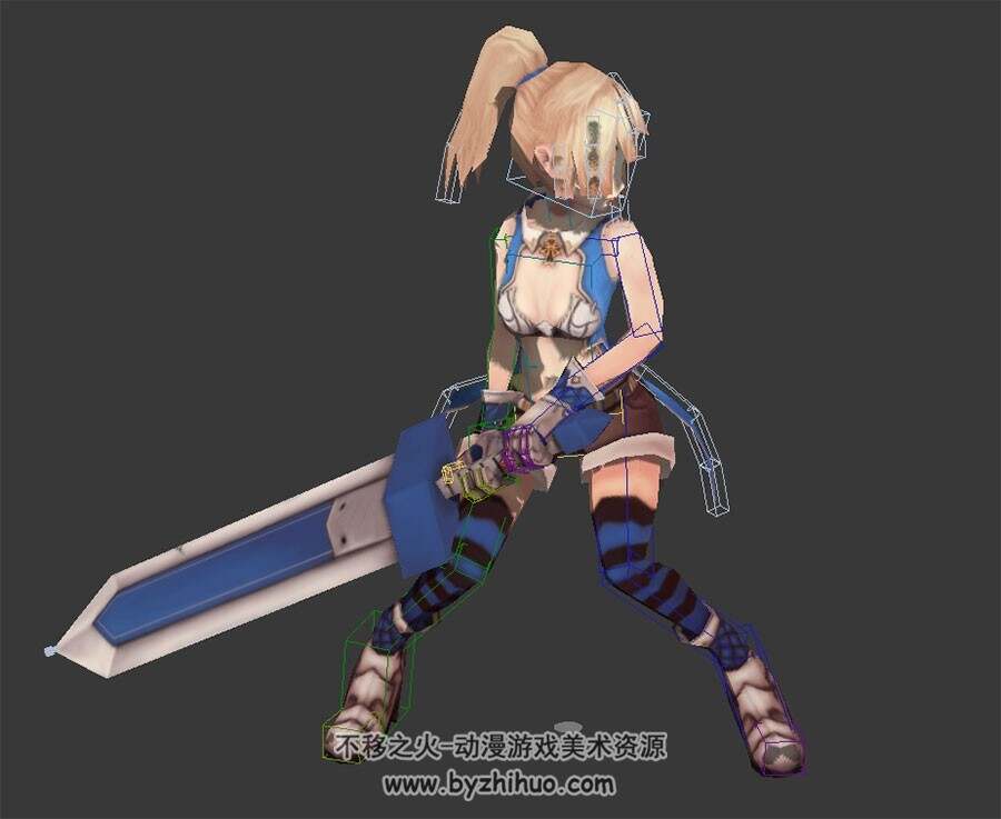 游戏角色美少女重剑待机动作3DMax模型带绑定下载