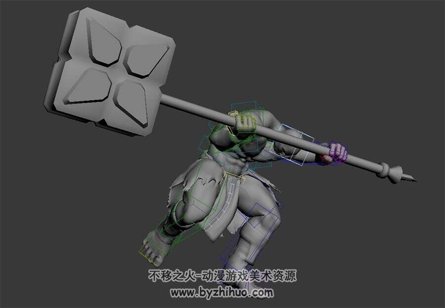健硕猛男抡锤动画3DMax模型带绑定无贴图下载