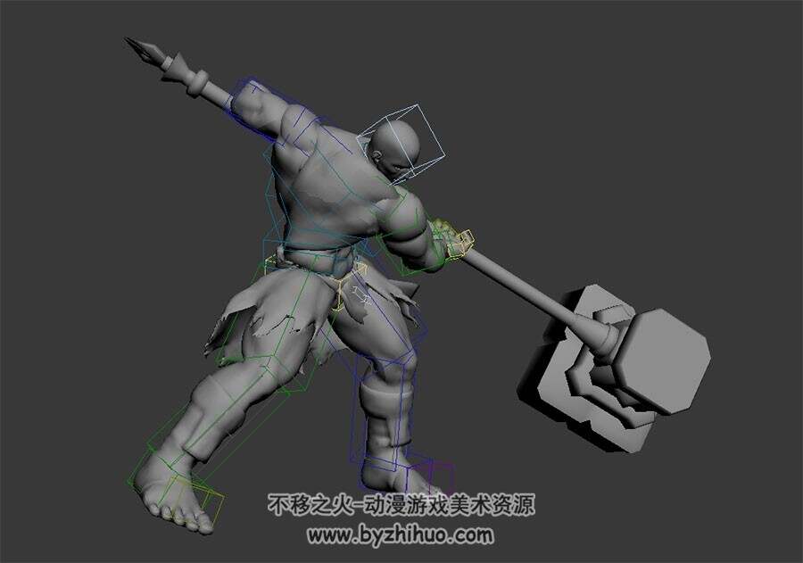 健硕猛男抡锤动画3DMax模型带绑定无贴图下载