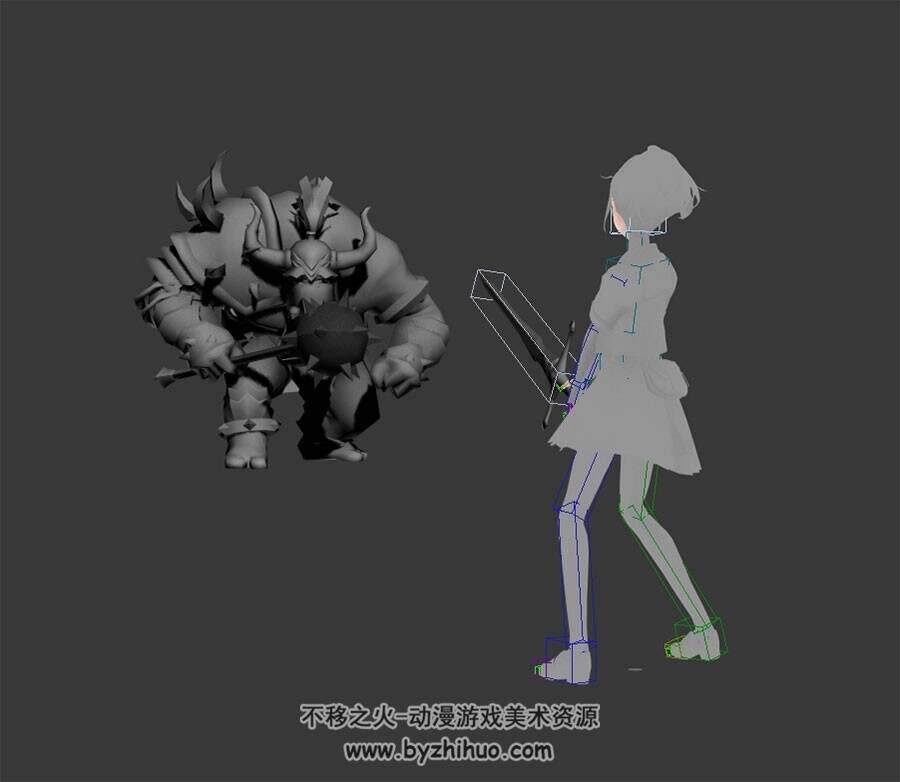 游戏角色人物女孩与牛角怪物对打动画3DMax模型带绑定下载