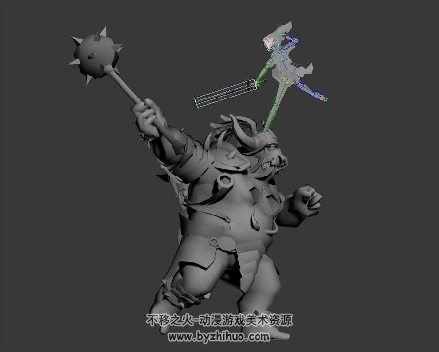 游戏角色人物女孩与牛角怪物对打动画3DMax模型带绑定下载