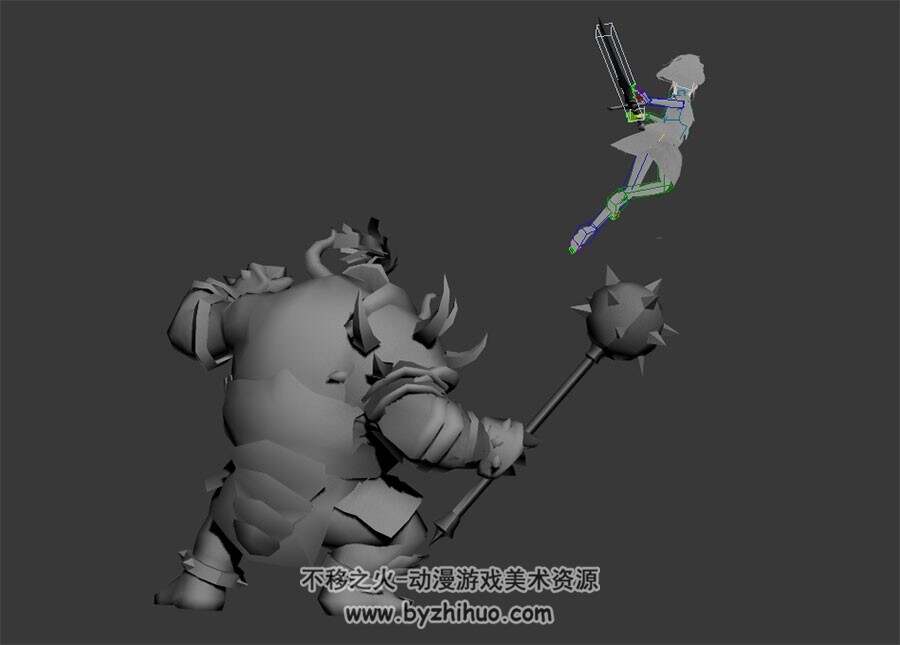 游戏角色人物女孩与牛角怪物对打动画3DMax模型带绑定下载