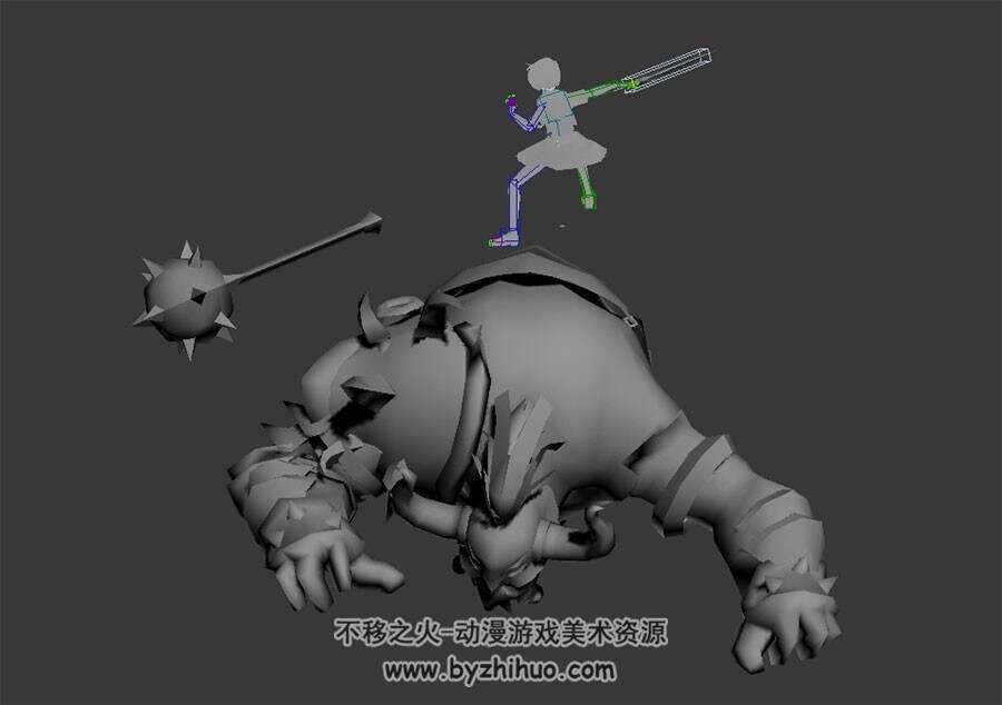 游戏角色人物女孩与牛角怪物对打动画3DMax模型带绑定下载