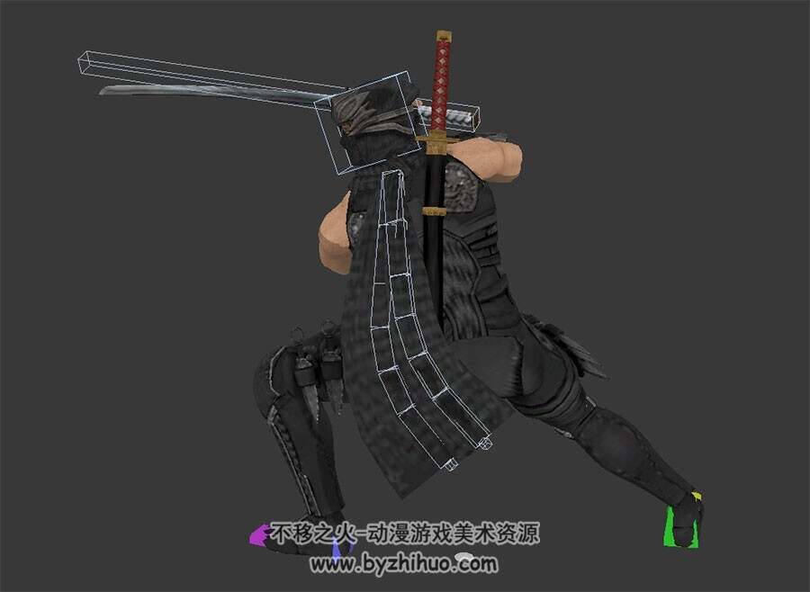 游戏角色男忍者武士刺客3个攻击动作3DMax模型带绑定骨骼下载