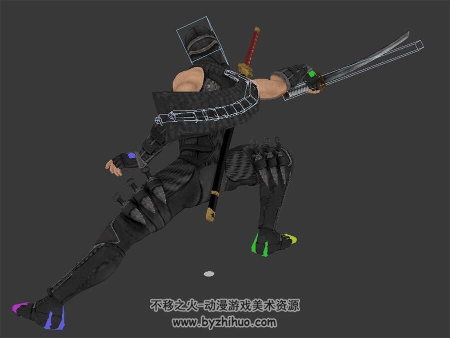 游戏角色男忍者武士刺客3个攻击动作3DMax模型带绑定骨骼下载