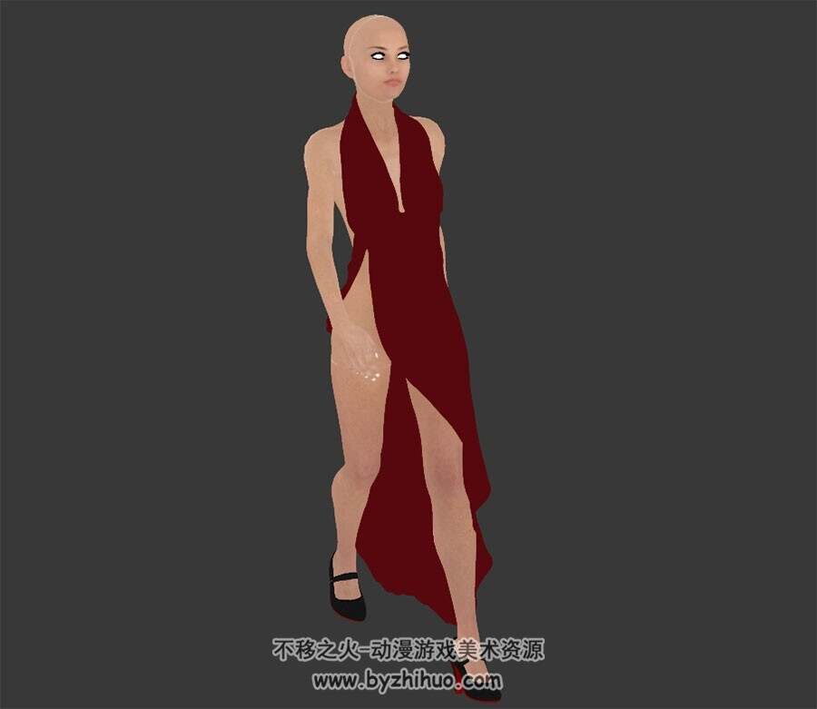 现代红裙女人3D模型fbx格式下载行走动作四边面