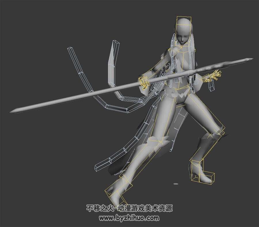 游戏法师女带武器无贴图待机动作3DMax模型带绑定下载