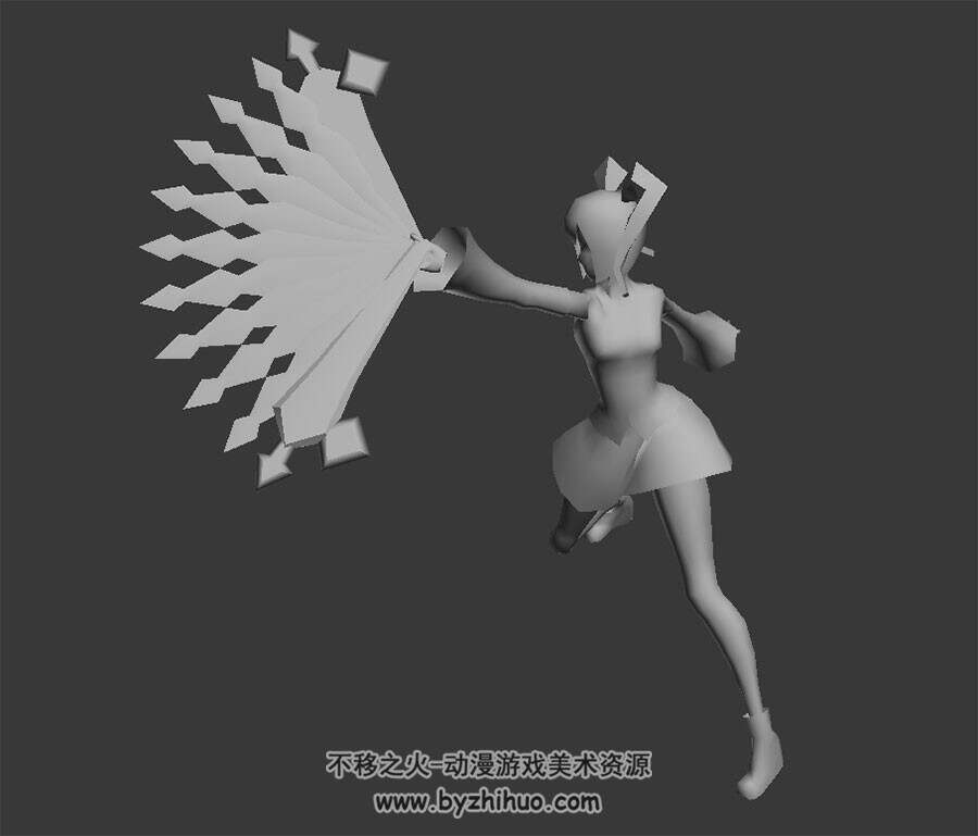 游戏角色女扇子攻击动画3DMax模型带绑定无贴图下载