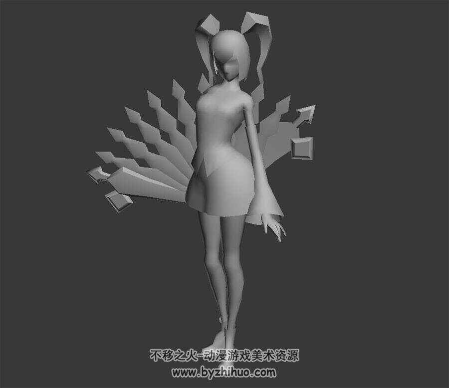 游戏角色女扇子攻击动画3DMax模型带绑定无贴图下载