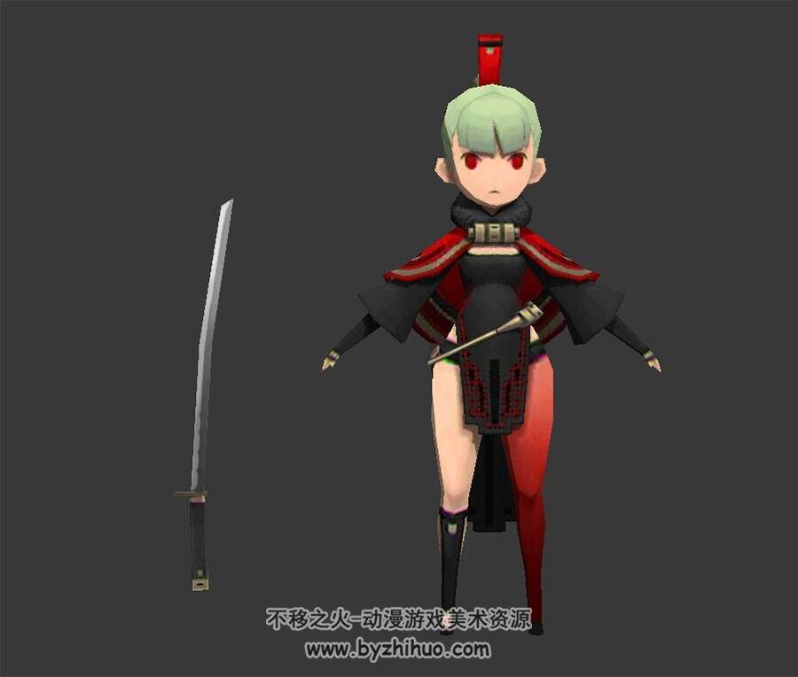 Q版游戏剑灵佩刀女带绑定疾跑攻击动画3DMax模型带绑定下载
