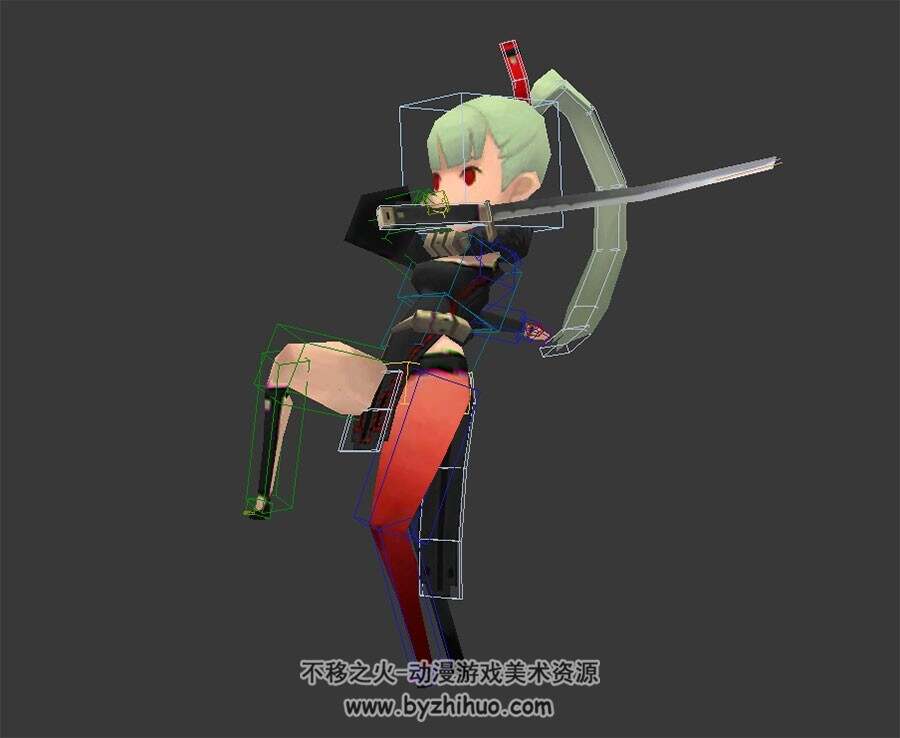 Q版游戏剑灵佩刀女带绑定疾跑攻击动画3DMax模型带绑定下载