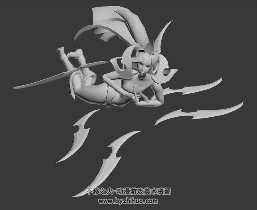 游戏角色魔女3DMax模型无贴图受击死亡动画带绑定下载