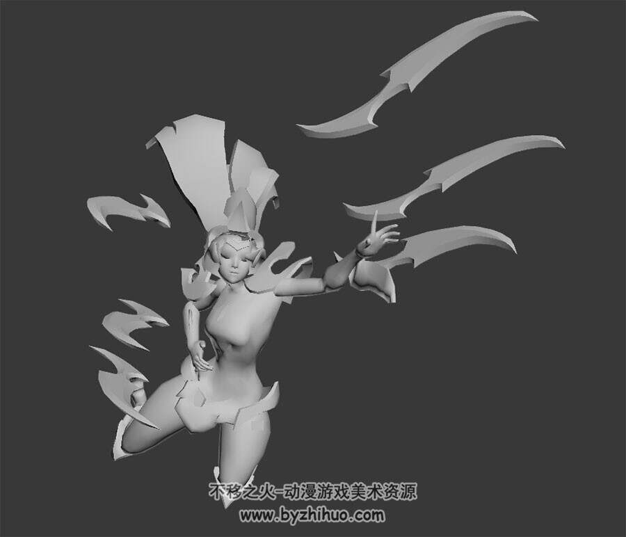 游戏角色魔女3DMax模型无贴图受击死亡动画带绑定下载