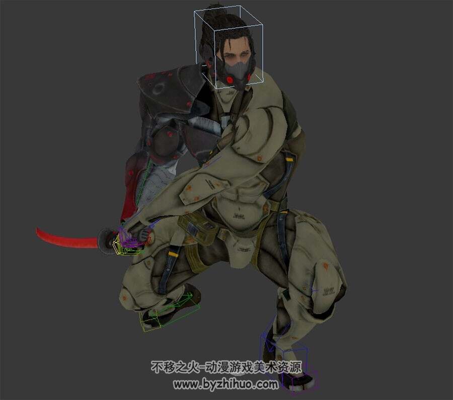 科技感机甲战士男武士刀攻击动作3DMax模型带绑定下载