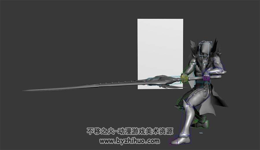 游戏角色斗篷男挥刀动作3DMax模型带绑定无贴图下载