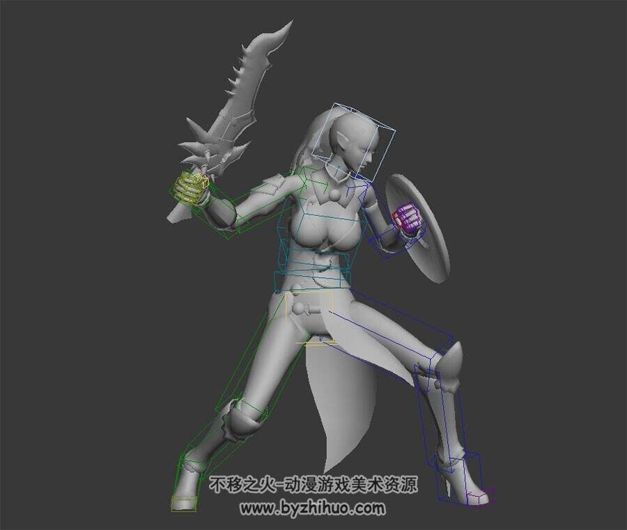 欧美古风铠甲服装女角色跳地斩动作3DMax模型带绑定四边面下载