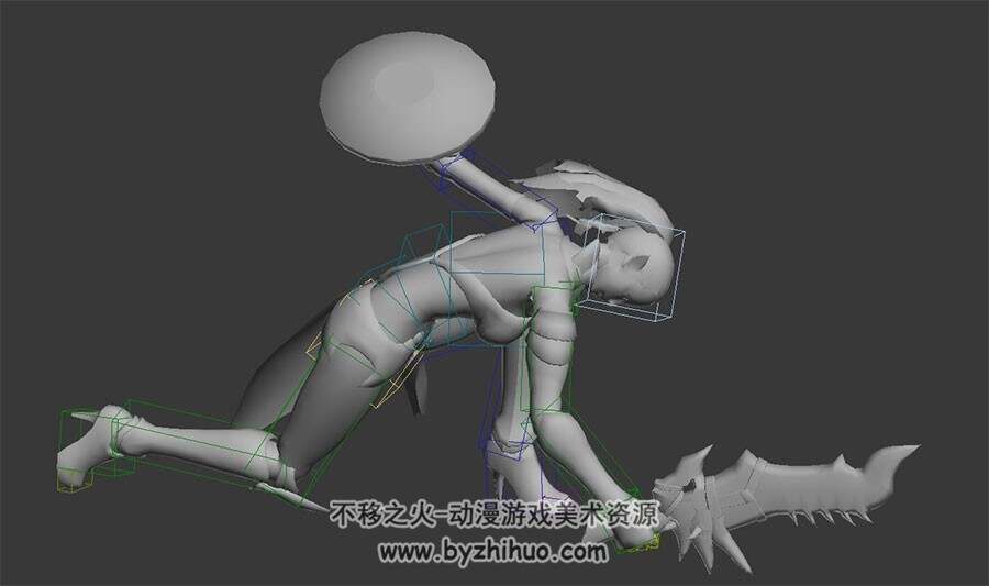欧美古风铠甲服装女角色跳地斩动作3DMax模型带绑定四边面下载
