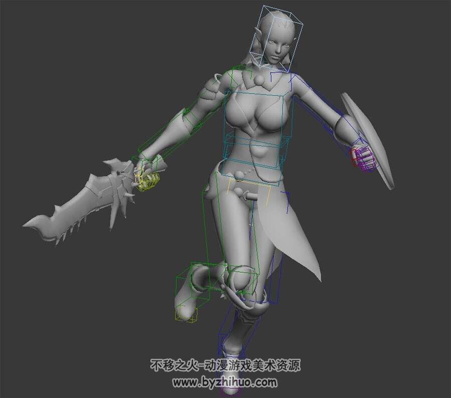 欧美古风铠甲服装女角色跳地斩动作3DMax模型带绑定四边面下载