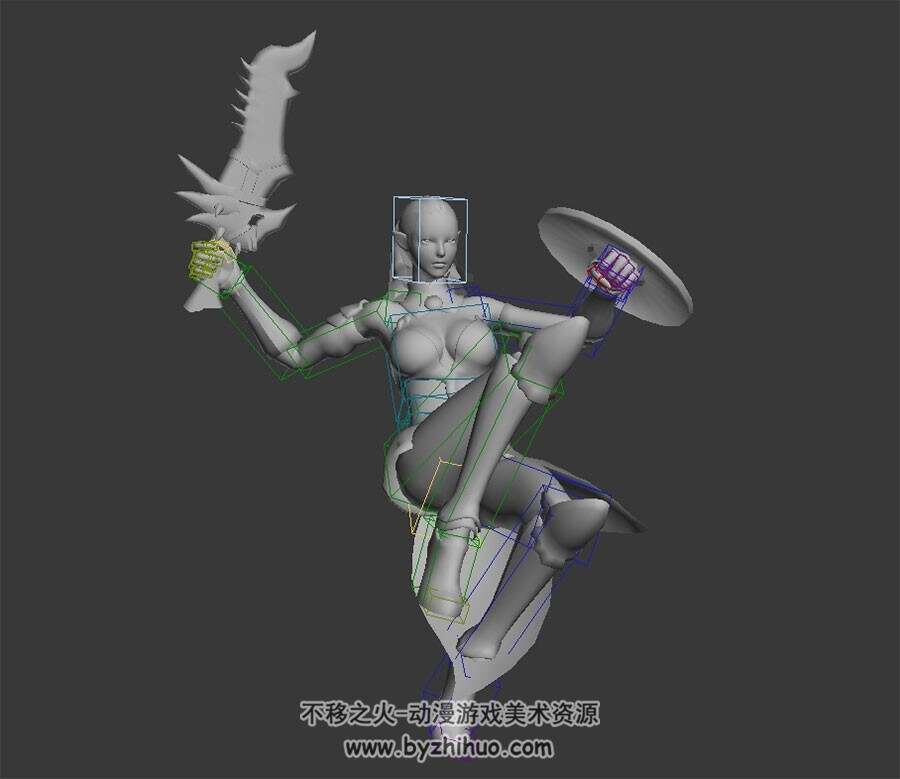 欧美古风铠甲服装女角色跳地斩动作3DMax模型带绑定四边面下载