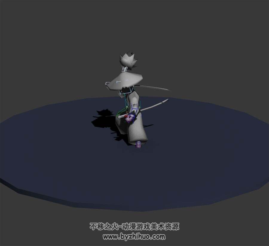 Q版武侠游戏角色斗笠双手剑攻击动作3DMax模型带绑定下载