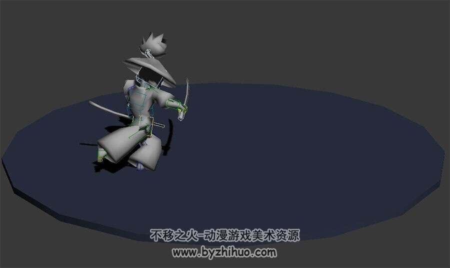Q版武侠游戏角色斗笠双手剑攻击动作3DMax模型带绑定下载
