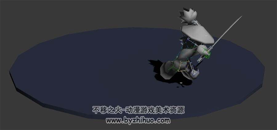 Q版武侠游戏角色斗笠双手剑攻击动作3DMax模型带绑定下载