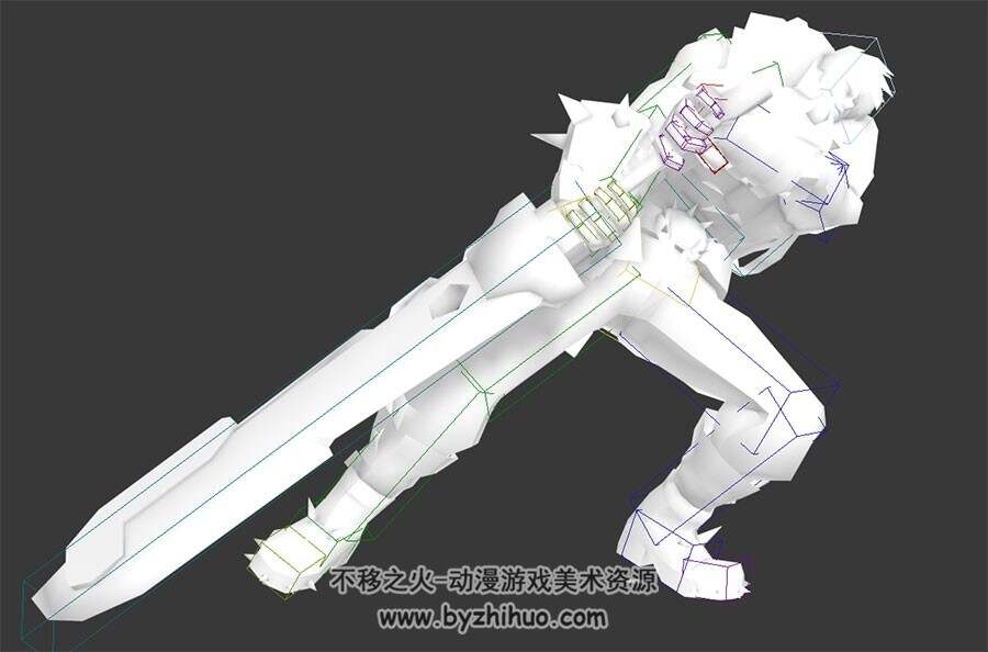 游戏英雄角色男重剑助跑攻击动画3DMax模型带绑定无贴图下载