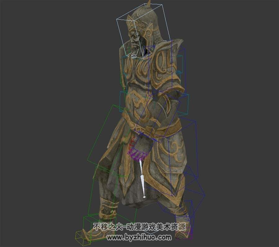 中式玄幻类游戏怪物石像人将士3DMax模型带绑定待机行走动作下载