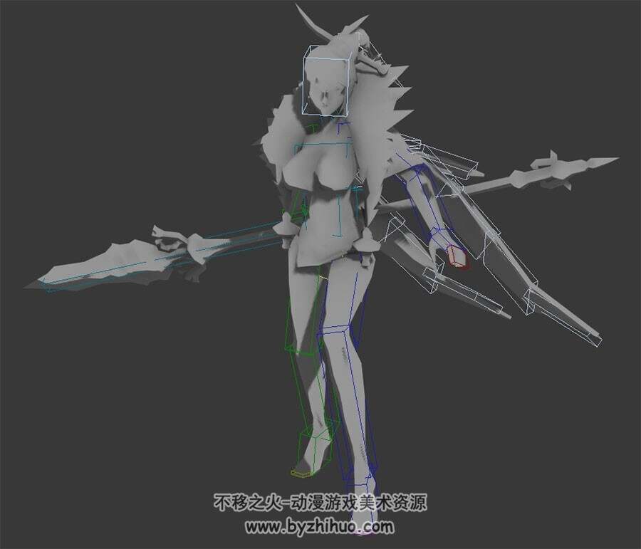 中式古装游戏角色女枪出场动画3DMax模型无贴图带绑定下载