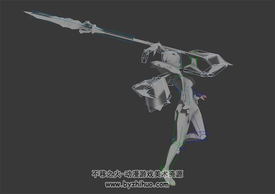 中式古装游戏角色女枪出场动画3DMax模型无贴图带绑定下载