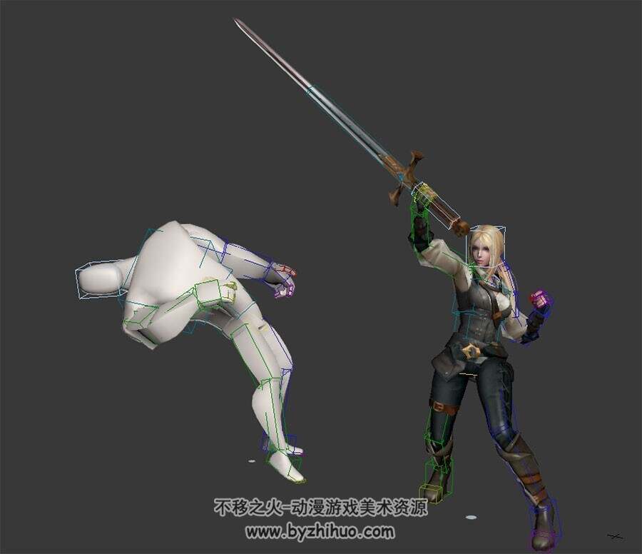 欧美风游戏角色女持剑连击对手动画3DMax模型带绑定下载