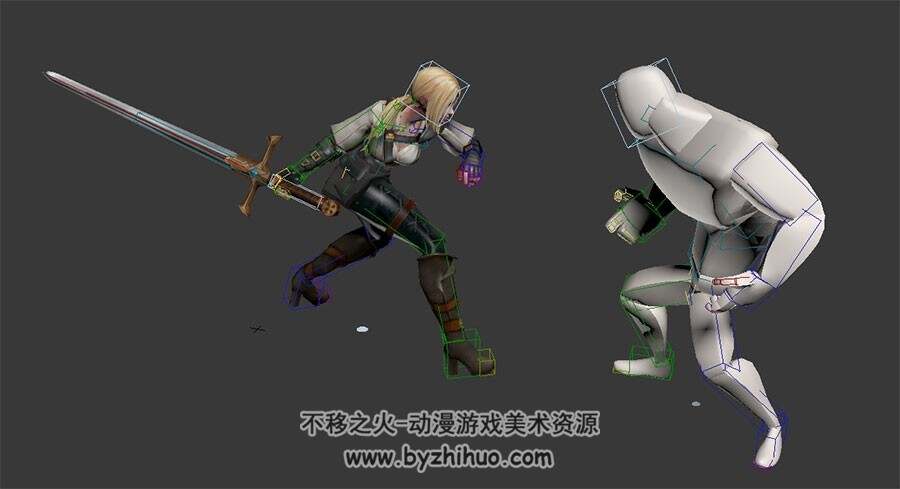 欧美风游戏角色女持剑连击对手动画3DMax模型带绑定下载