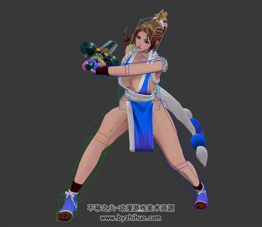 游戏经典角色蓝衣不知火舞5连击带绑定3DMax模型下载