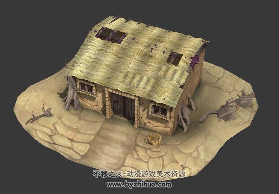 游戏中式古代黄泥茅草屋建筑房屋3DMax fbx模型下载