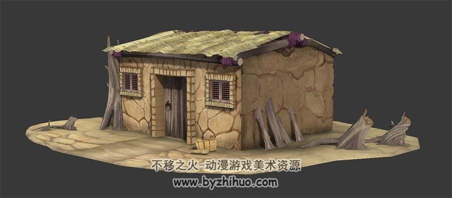 游戏中式古代黄泥茅草屋建筑房屋3DMax fbx模型下载