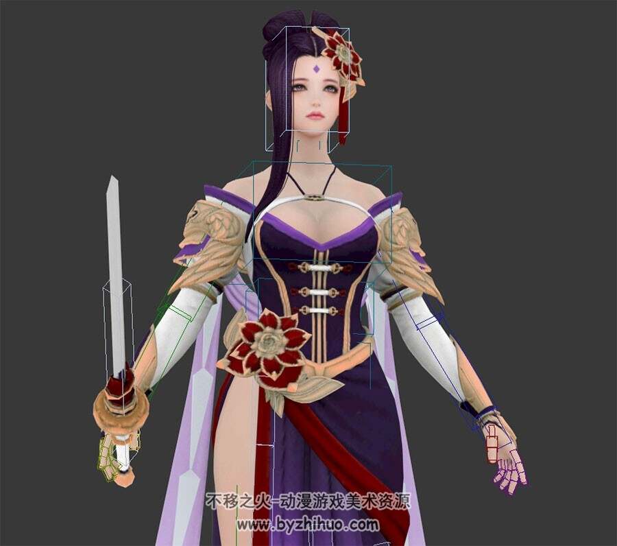 中式仙侠武侠风古装紫衣美女带剑扭腰动作带绑定3DMax模型下载