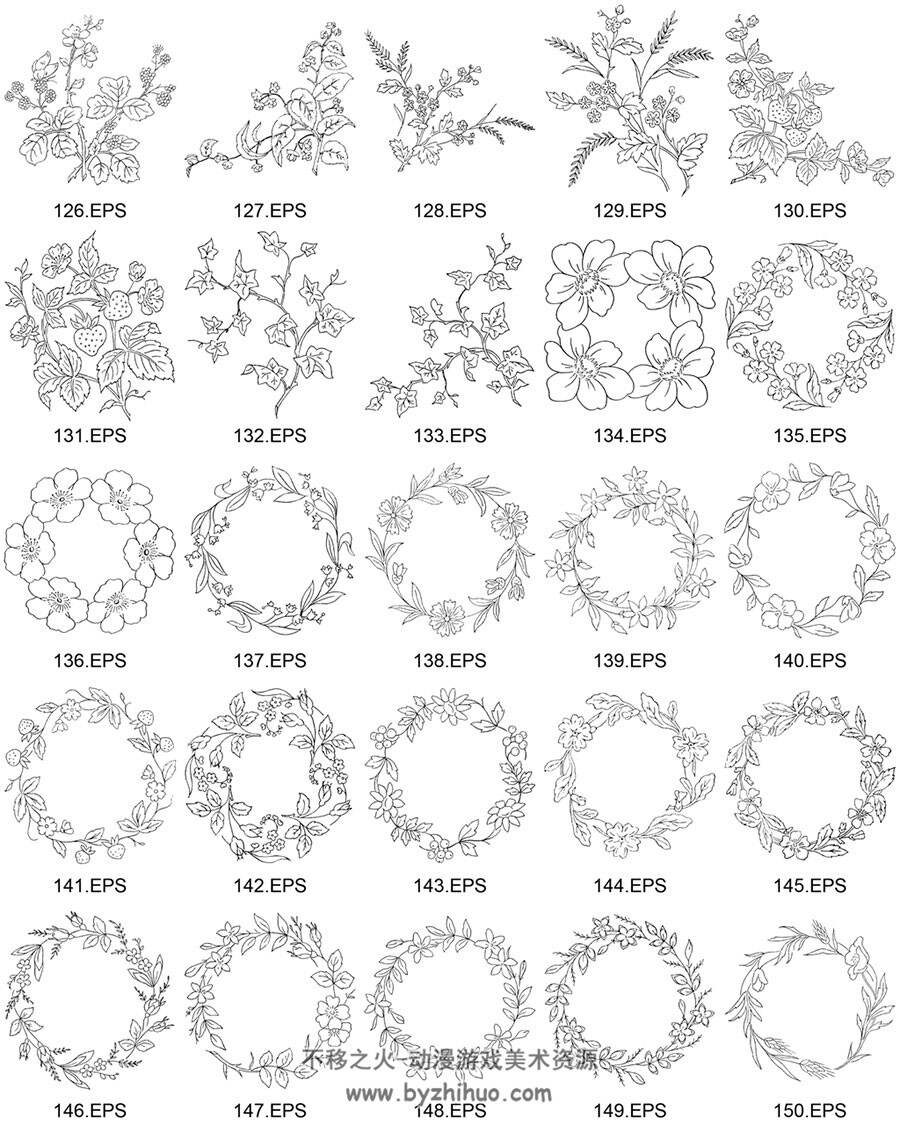 秘密花园白描花卉植物矢量美术绘画素材分享下载 244P