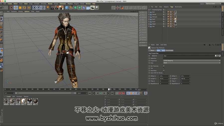 C4D游戏人物角色视频教程 角色模型贴图动作制作流程教学 附源文件