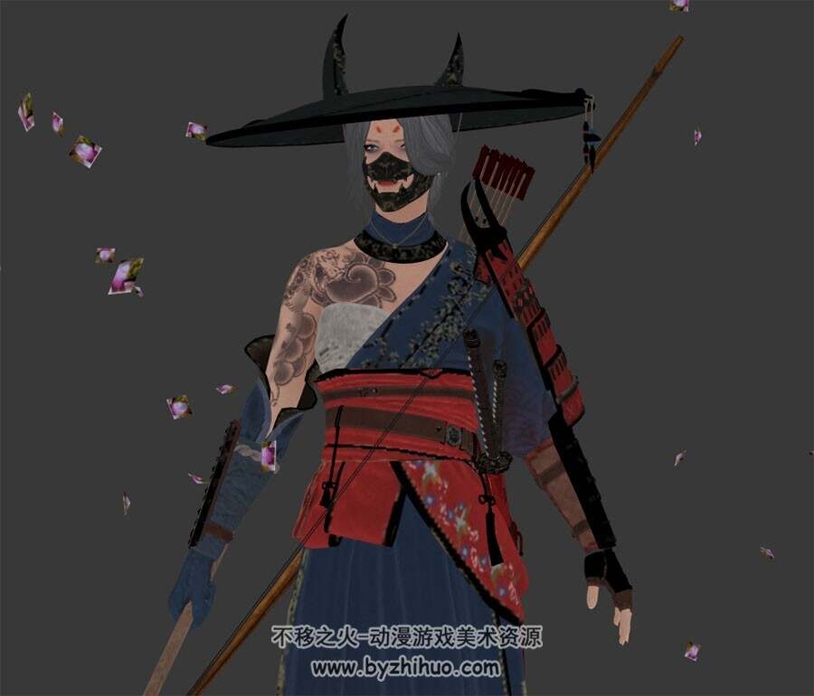 画风浪漫古风日式斗笠女武士3DMax模型下载