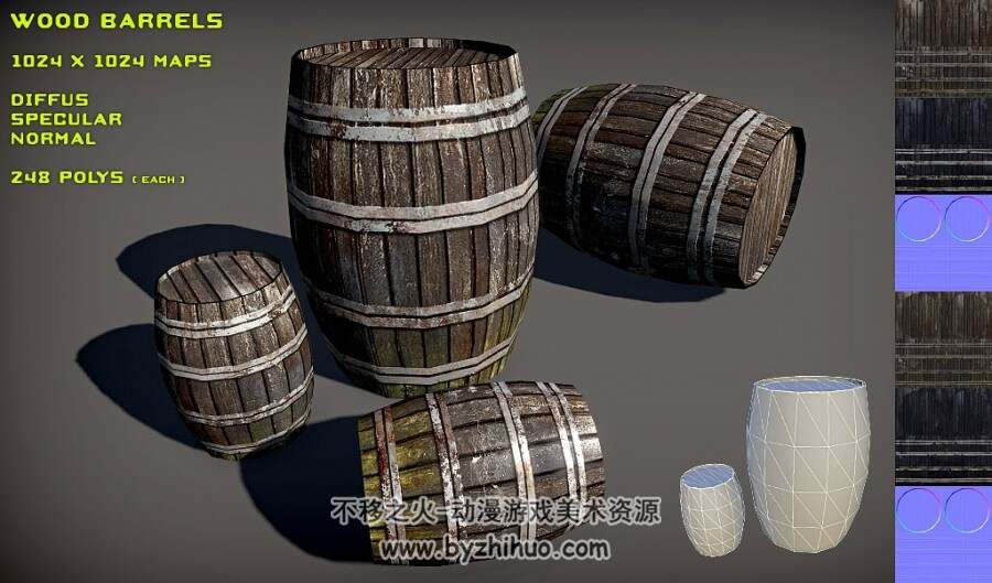 Wood Barrel Pack 铁环木桶水桶3D模型fbx obj格式下载