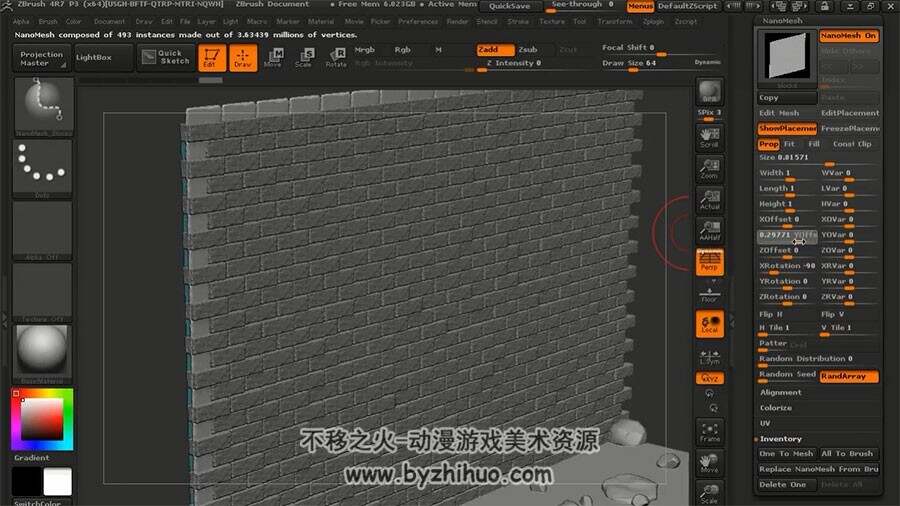 ZBrush墙壁模型视频教程 残破墙角高精模雕刻教学 附源文件