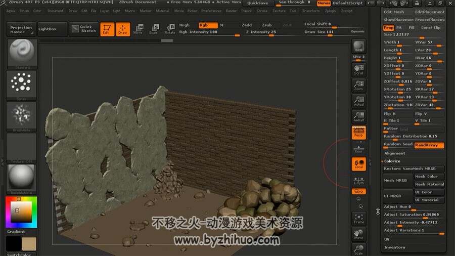 ZBrush墙壁模型视频教程 残破墙角高精模雕刻教学 附源文件