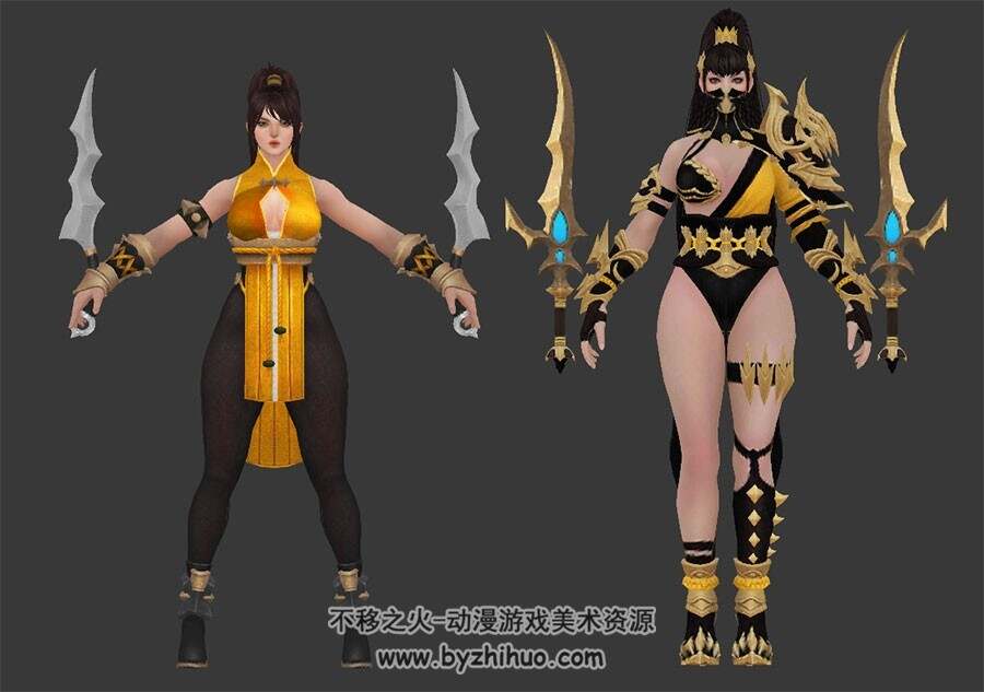 游戏女刺客战士带双刀双刃匕首3DMax模型下载