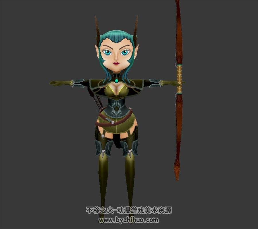 Q版大头精灵女孩弓箭手带兵器3Dfbx格式模型四边面下载