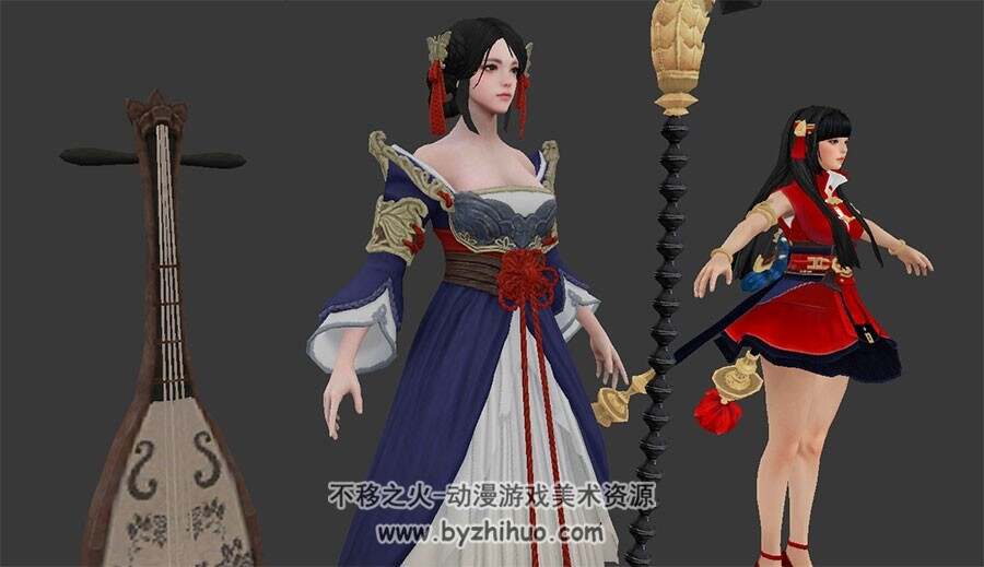 中式古装镰刀手琵琶游戏女角色3DMax模型下载
