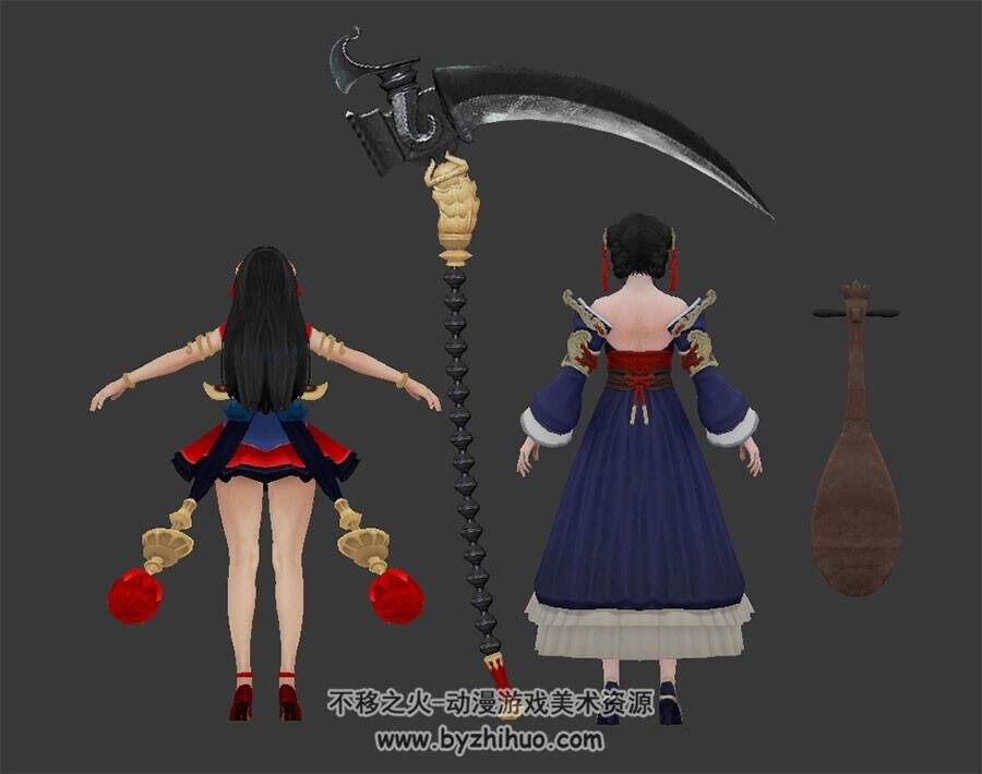 中式古装镰刀手琵琶游戏女角色3DMax模型下载