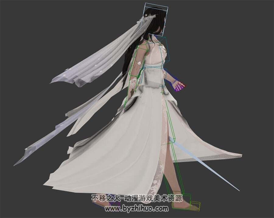 中式风格白色裙装清丽美女3D模型带绑定行走动作下载