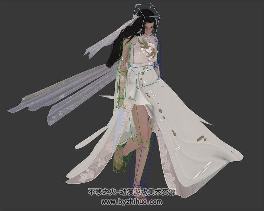 中式风格白色裙装清丽美女3D模型带绑定行走动作下载