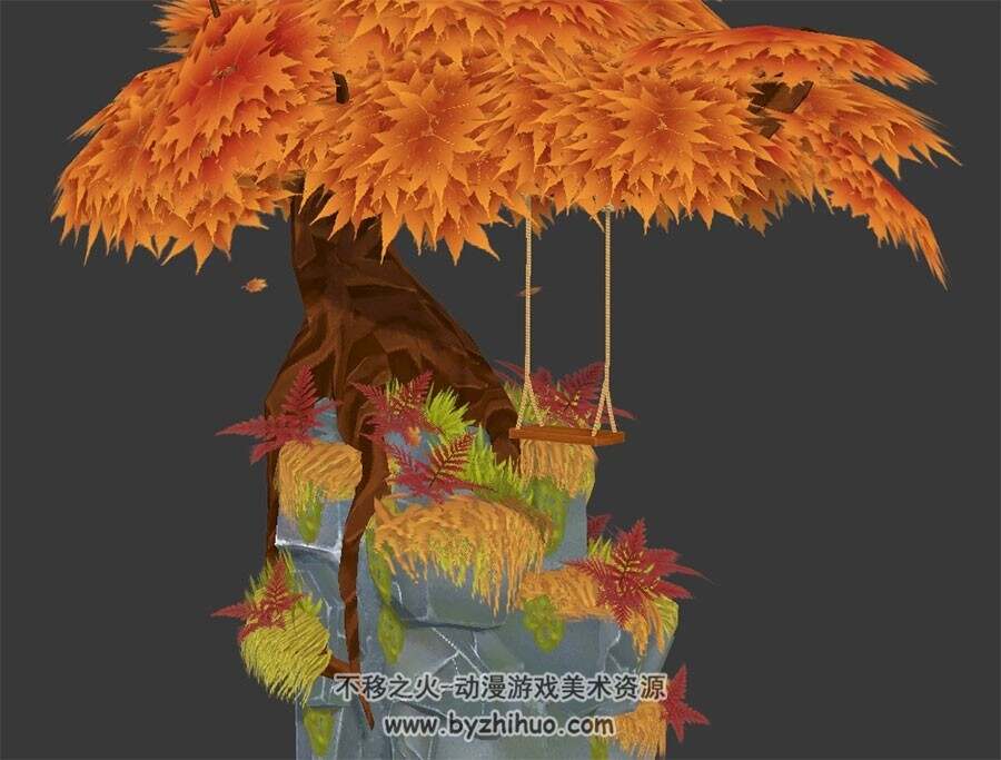 秋叶山崖荡秋千动画3DMax模型下载